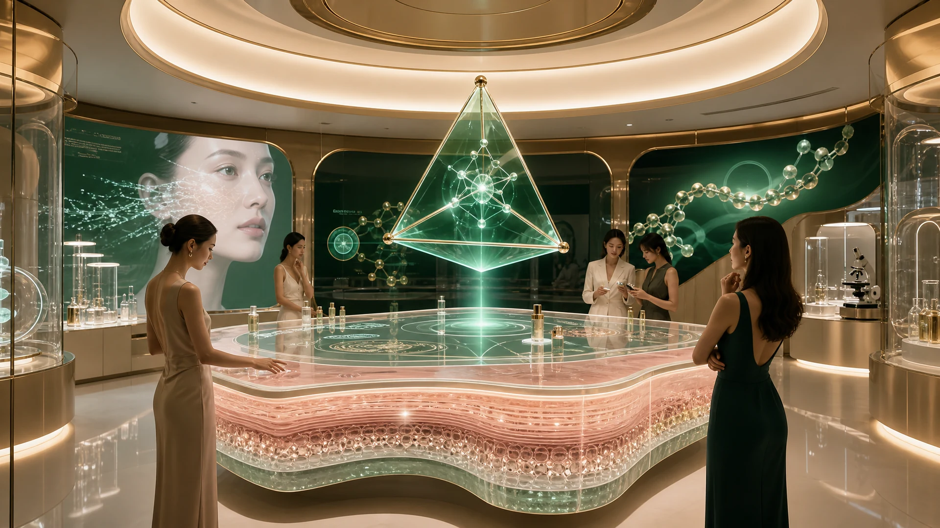 Concept Render / RVGF 实验室 · 四面体分子与互动台